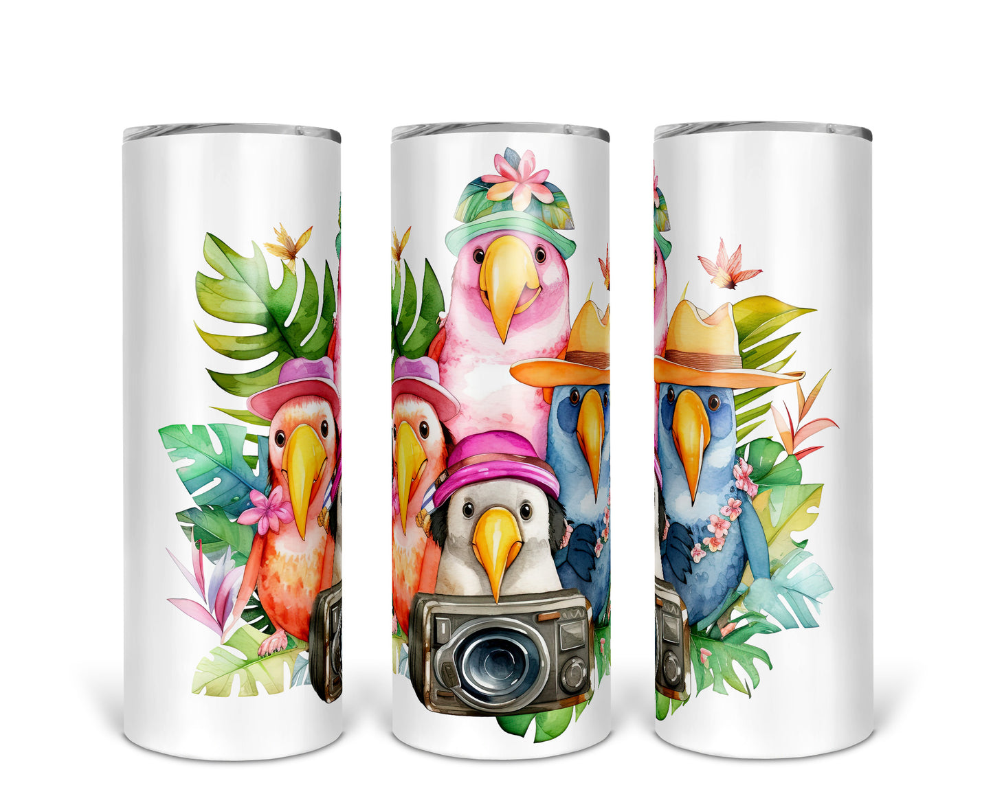 Skinny Tumbler with Straw, 20oz, Tropical Birds