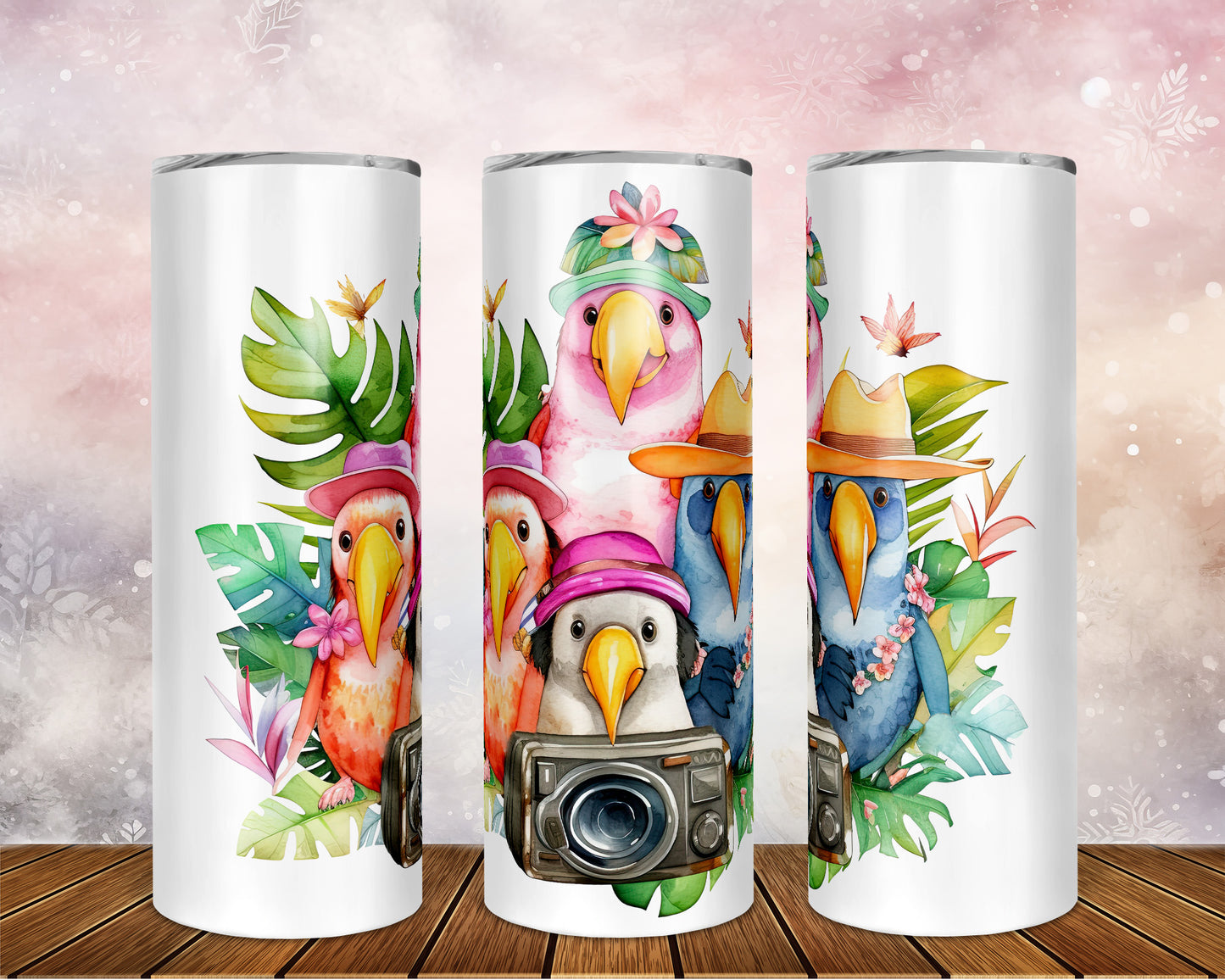 Skinny Tumbler with Straw, 20oz, Tropical Birds