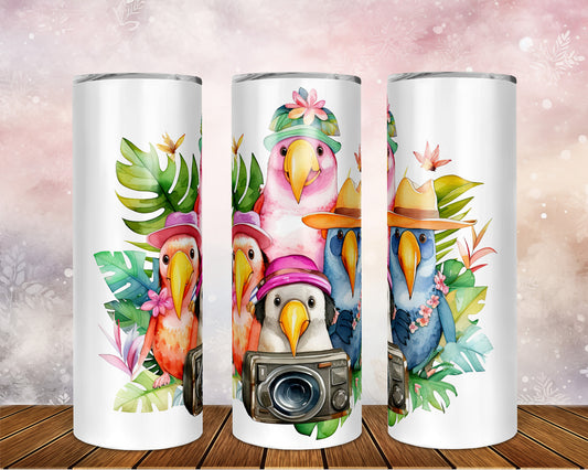 Skinny Tumbler with Straw, 20oz, Tropical Birds