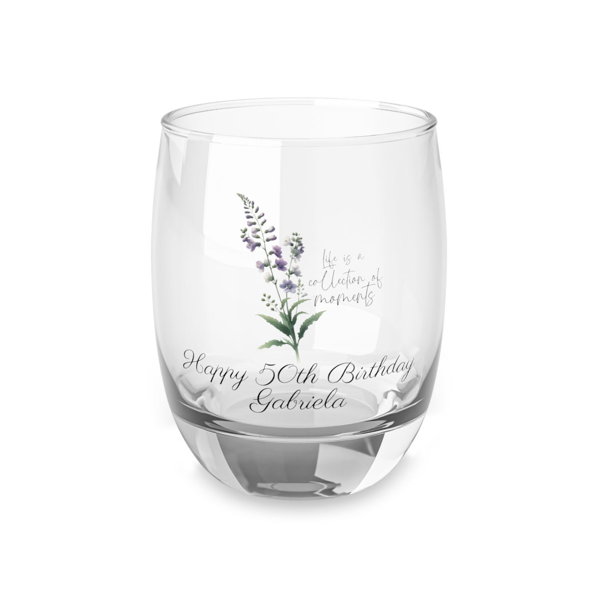 Larkspur-July Quote Personalised Floral Birthday Month Bouquet Wine Glass, Stemless Wine Glass, Whiskey Glass, Rocks Glass