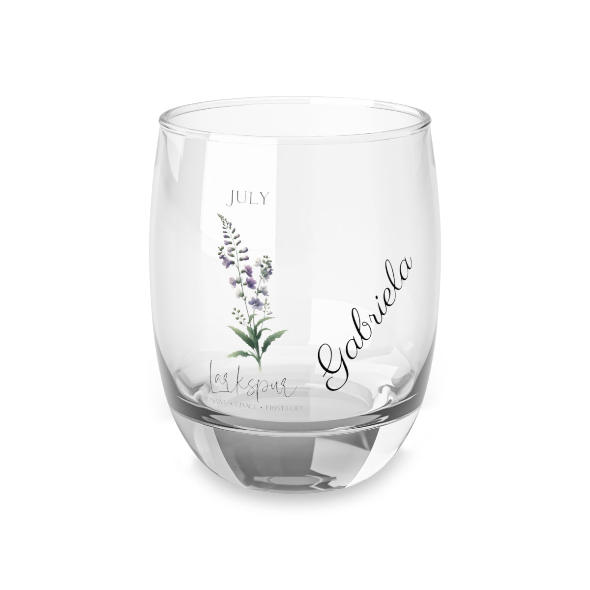 Larkspur-July Personalised Floral Birthday Month Bouquet Wine Glass, Stemless Wine Glass, Whiskey Glass, Rocks Glass