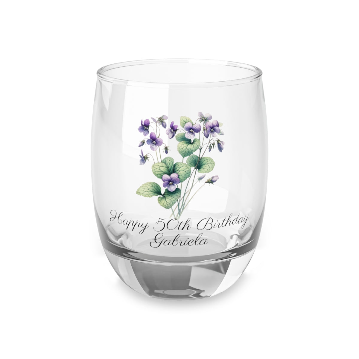 Violet February Personalised Floral Birthday Month Bouquet Wine Glass, Stemless Wine Glass, Whiskey Glass, Rocks Glass