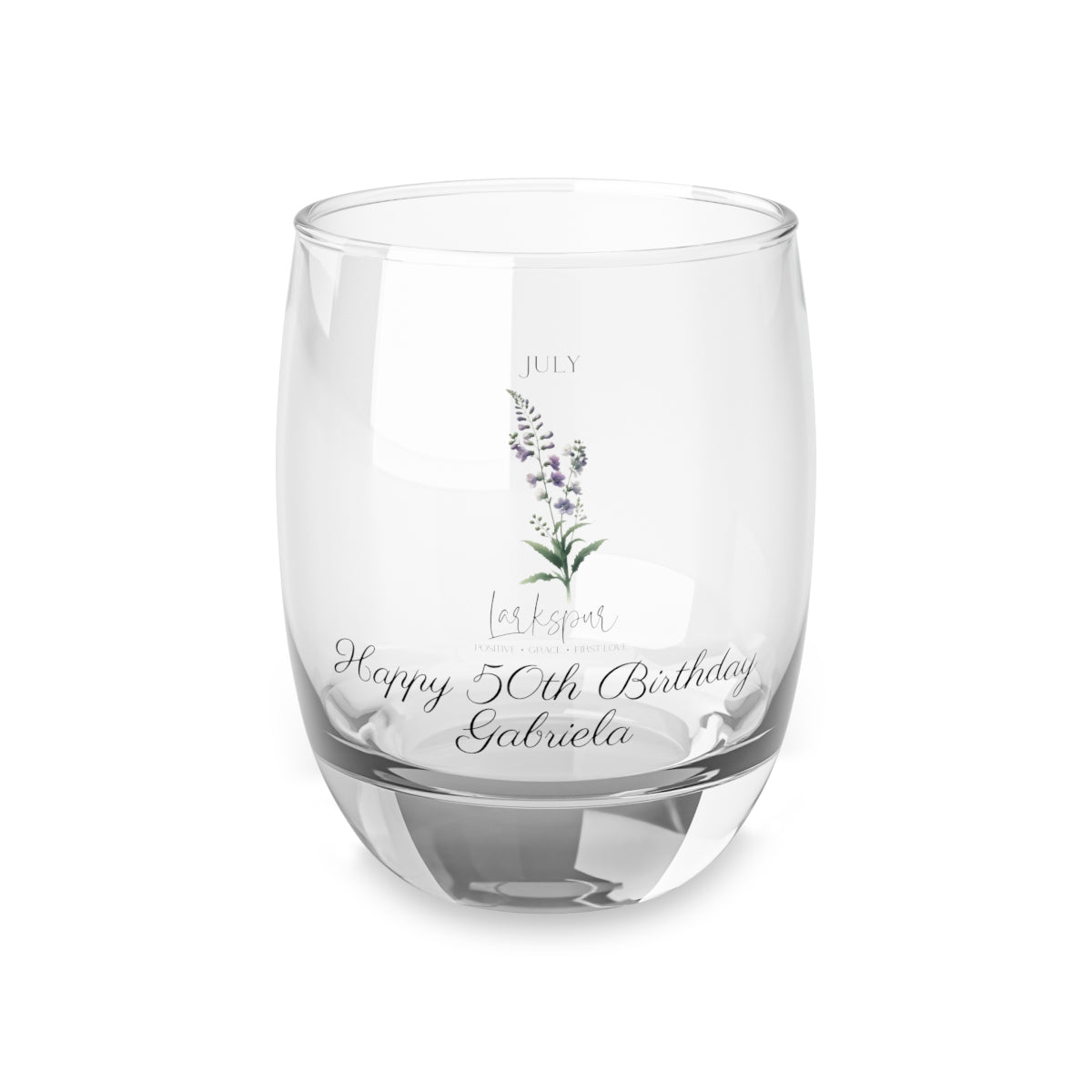 Larkspur-July Personalised Floral Birthday Month Bouquet Wine Glass, Stemless Wine Glass, Whiskey Glass, Rocks Glass