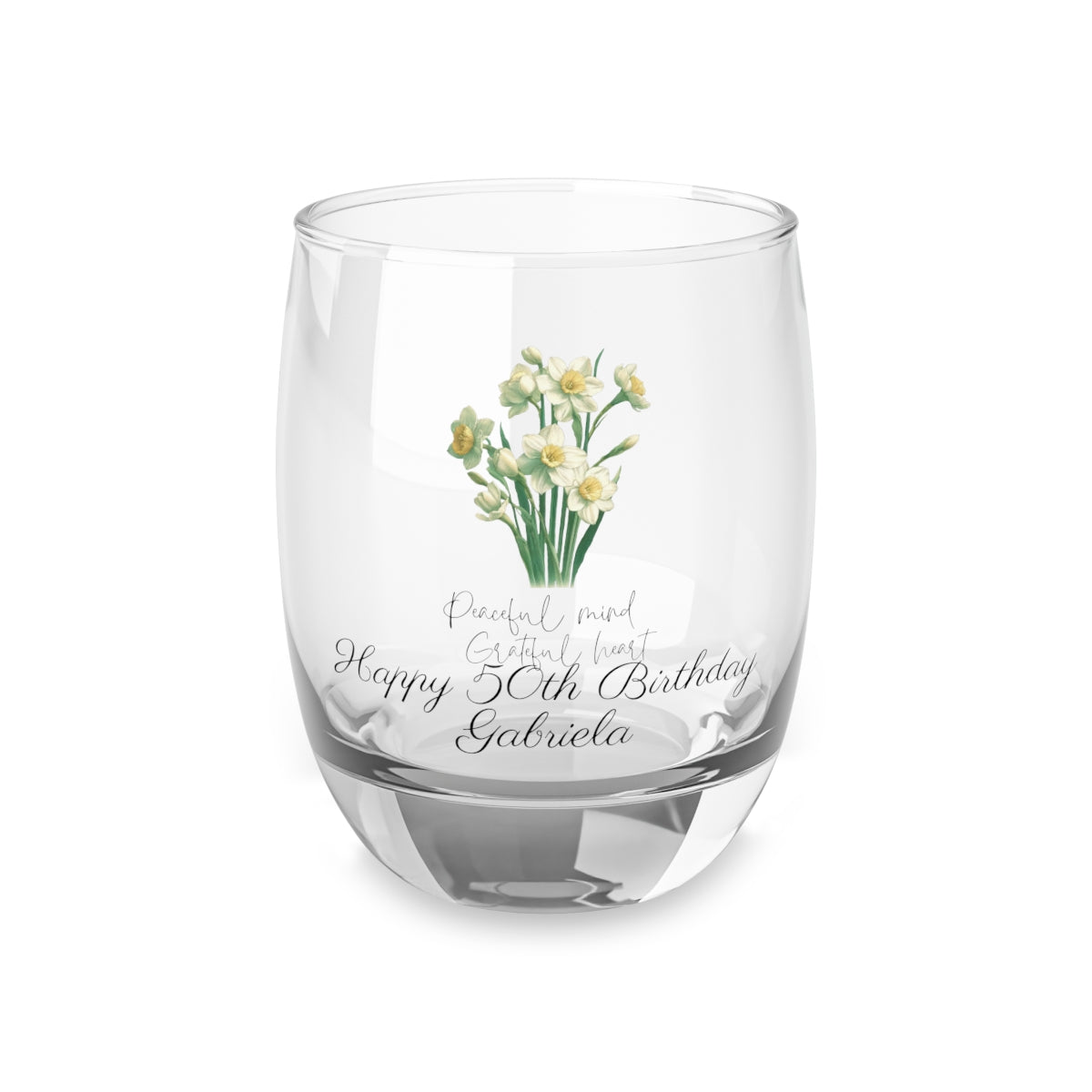 Narcissus-December Quote Personalised Floral Birthday Month Bouquet Wine Glass, Stemless Wine Glass, Whiskey Glass, Rocks Glass