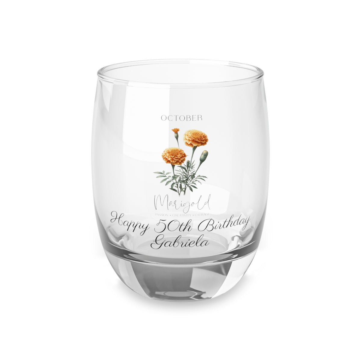 Marigold-October Personalised Floral Birthday Month Bouquet Wine Glass, Stemless Wine Glass, Whiskey Glass, Rocks Glass