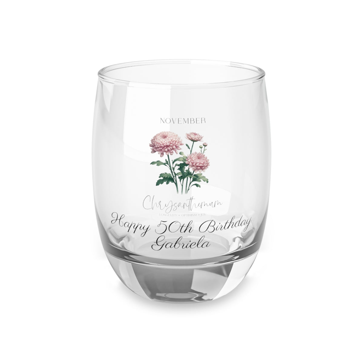 Chrysanthemum-November Personalised Floral Birthday Month Bouquet Wine Glass, Stemless Wine Glass, Whiskey Glass, Rocks Glass