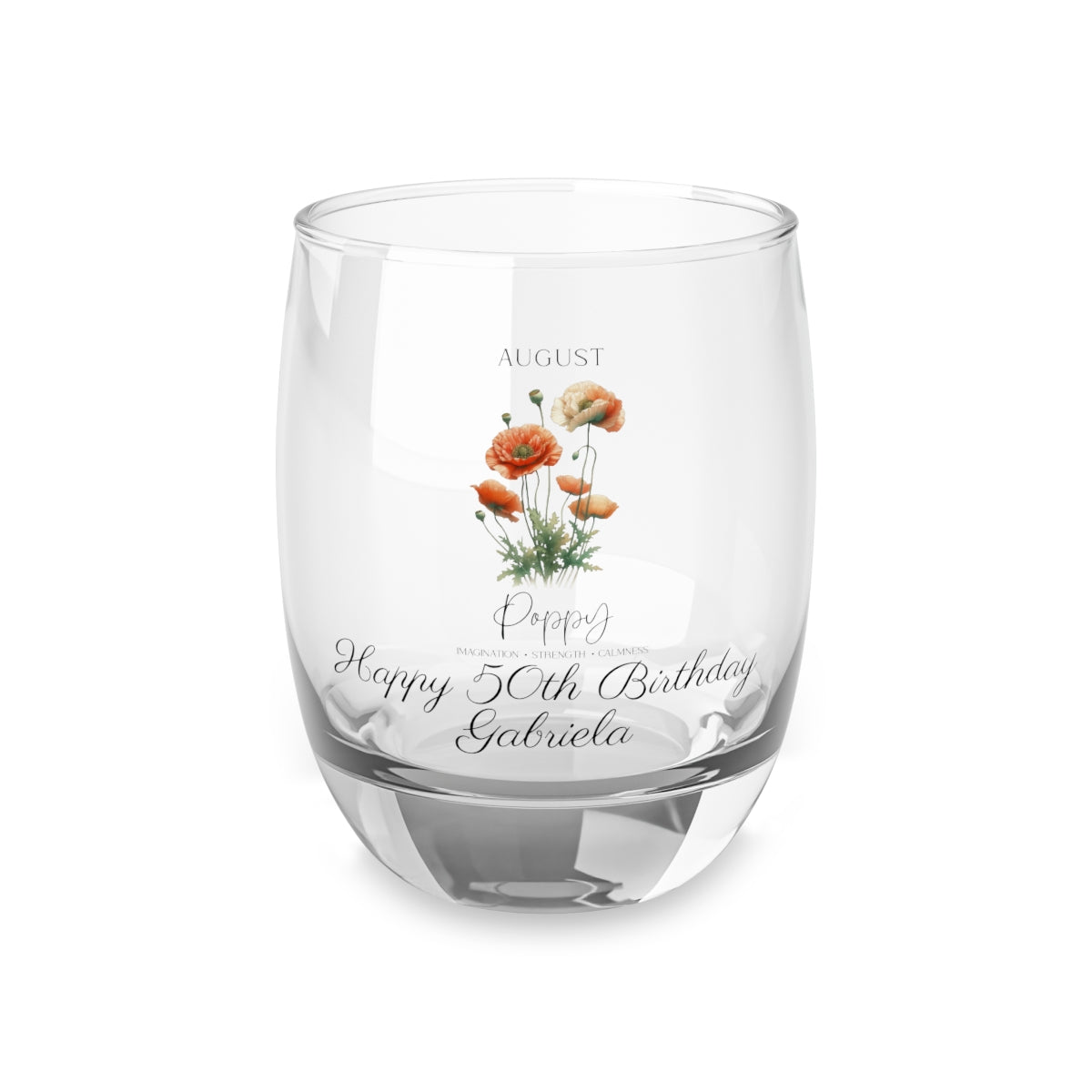 Poppy-August Personalised Floral Birthday Month Bouquet Wine Glass, Stemless Wine Glass, Whiskey Glass, Rocks Glass