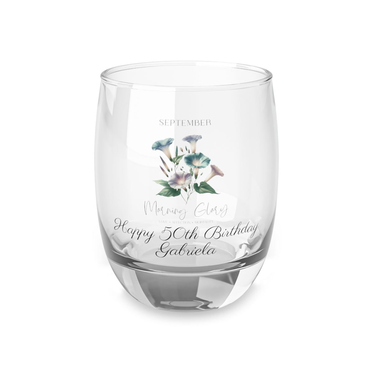 MorningGlory-September Personalised Floral Birthday Month Bouquet Wine Glass, Stemless Wine Glass, Whiskey Glass, Rocks Glass