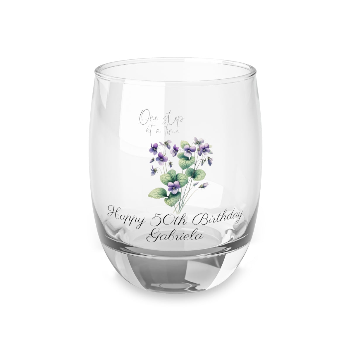 Violet-February Quote Personalised Floral Birthday Month Bouquet Wine Glass, Stemless Wine Glass, Whiskey Glass, Rocks Glass