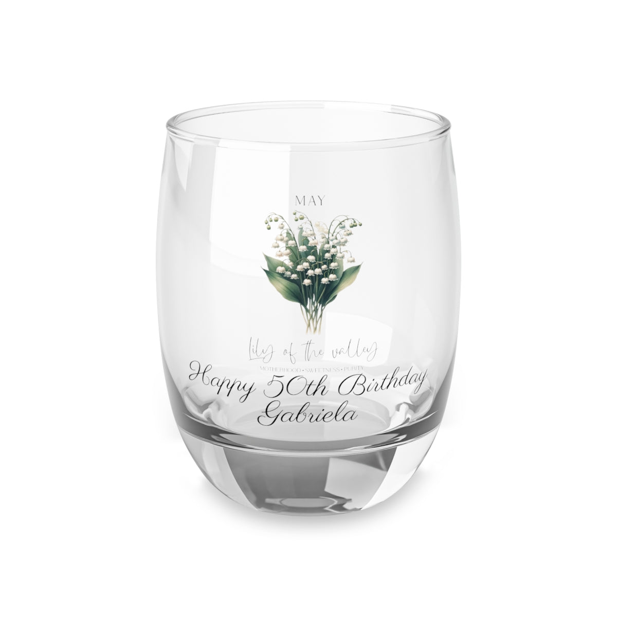 Lily of the valley-May Personalised Floral Birthday Month Bouquet Wine Glass, Stemless Wine Glass, Whiskey Glass, Rocks Glass