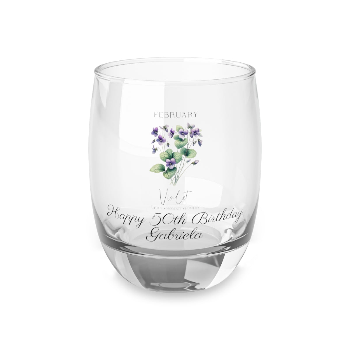 Violet-February Personalised Floral Birthday Month Bouquet Wine Glass, Stemless Wine Glass, Whiskey Glass, Rocks Glass