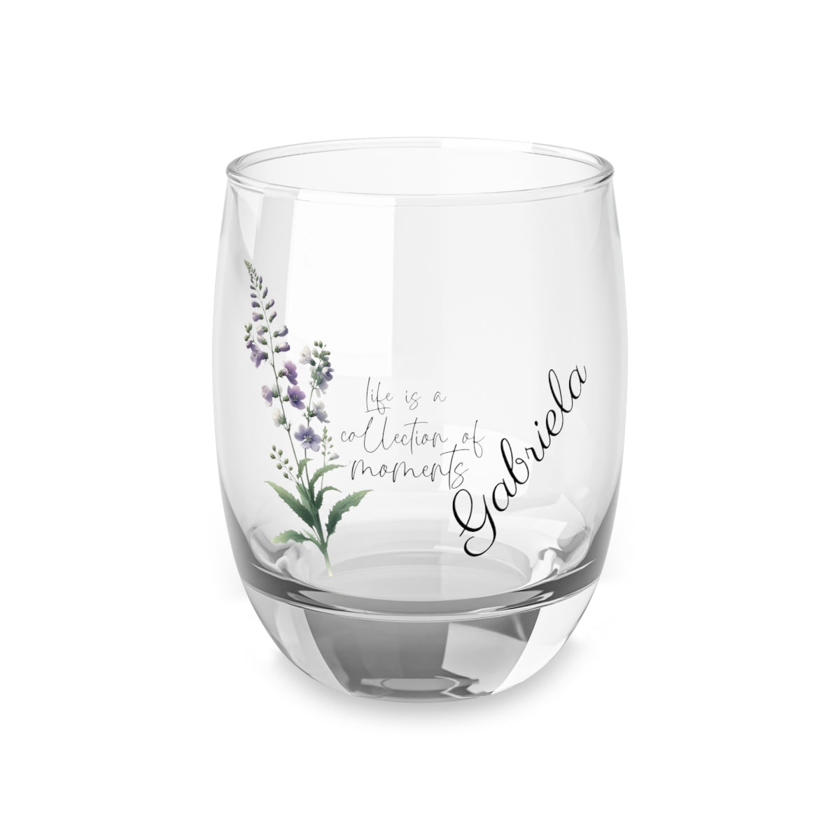 Larkspur-July Quote Personalised Floral Birthday Month Bouquet Wine Glass, Stemless Wine Glass, Whiskey Glass, Rocks Glass