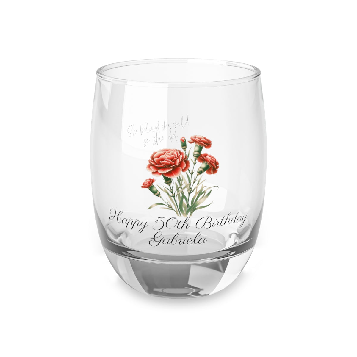 Carnation-January Quote Personalised Floral Birthday Month Bouquet Wine Glass, Stemless Wine Glass, Whiskey Glass, Rocks Glass