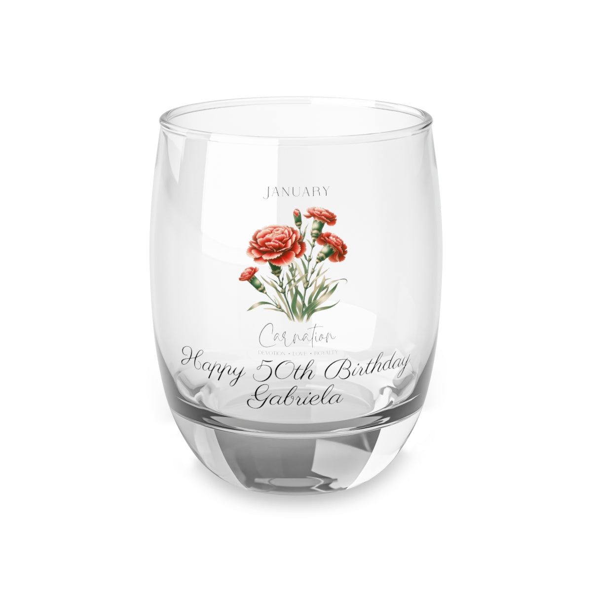 Carnation-January Personalised Floral Birthday Month Bouquet Wine Glass, Stemless Wine Glass, Whiskey Glass, Rocks Glass