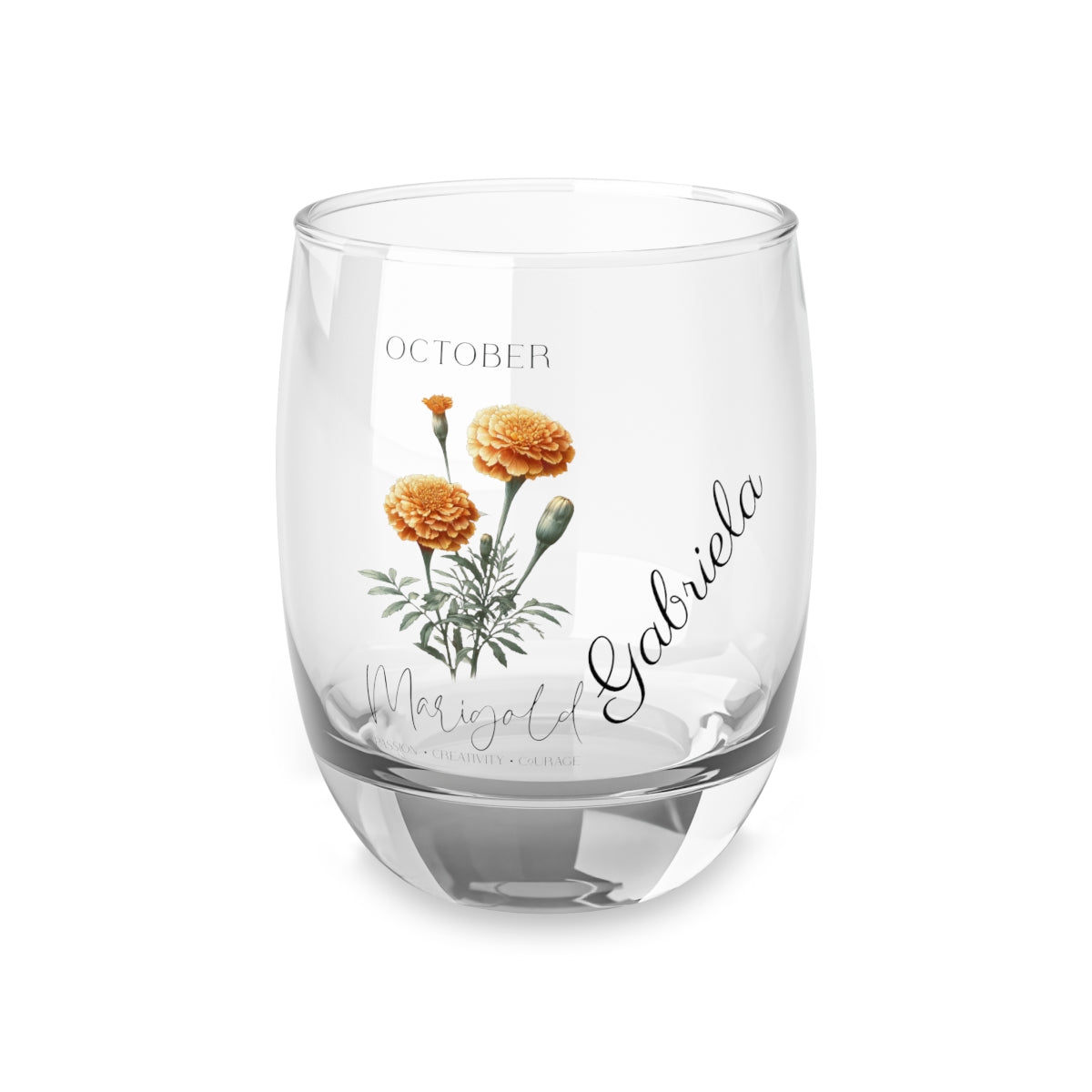 Marigold-October Personalised Floral Birthday Month Bouquet Wine Glass, Stemless Wine Glass, Whiskey Glass, Rocks Glass