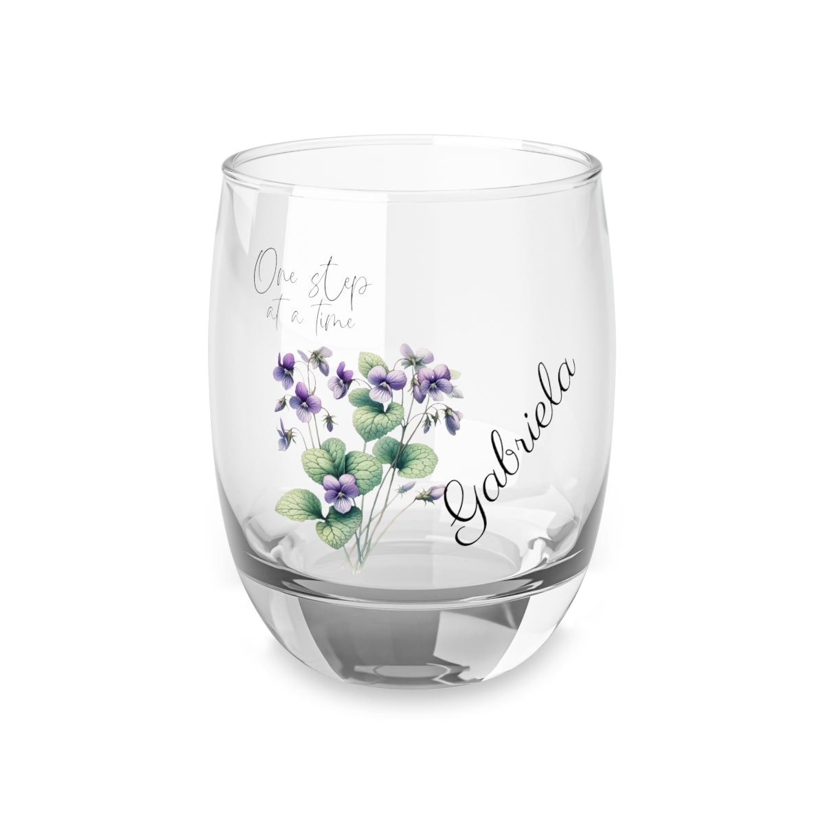 Violet-February Quote Personalised Floral Birthday Month Bouquet Wine Glass, Stemless Wine Glass, Whiskey Glass, Rocks Glass