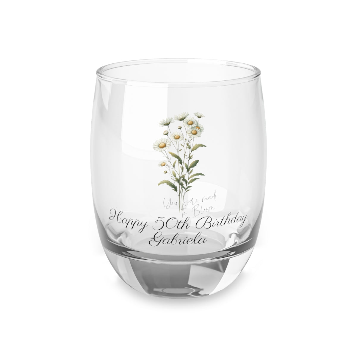 Daisy-April Quote Personalised Floral Birthday Month Bouquet Wine Glass, Stemless Wine Glass, Whiskey Glass, Rocks Glass