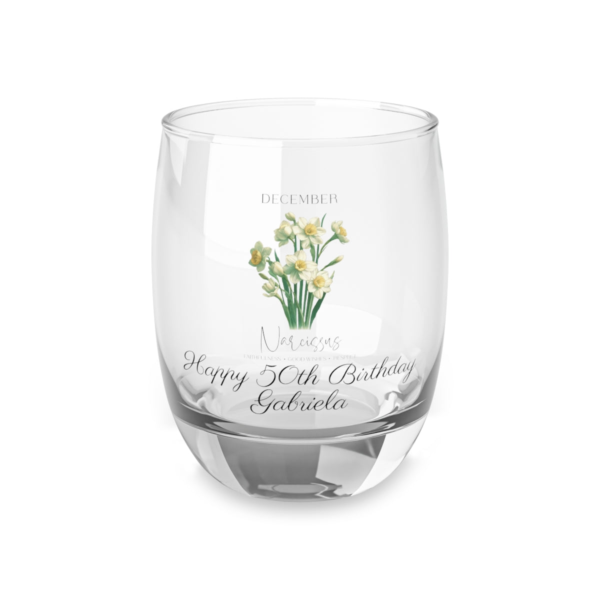 Narcissus-December Personalised Floral Birthday Month Bouquet Wine Glass, Stemless Wine Glass, Whiskey Glass, Rocks Glass