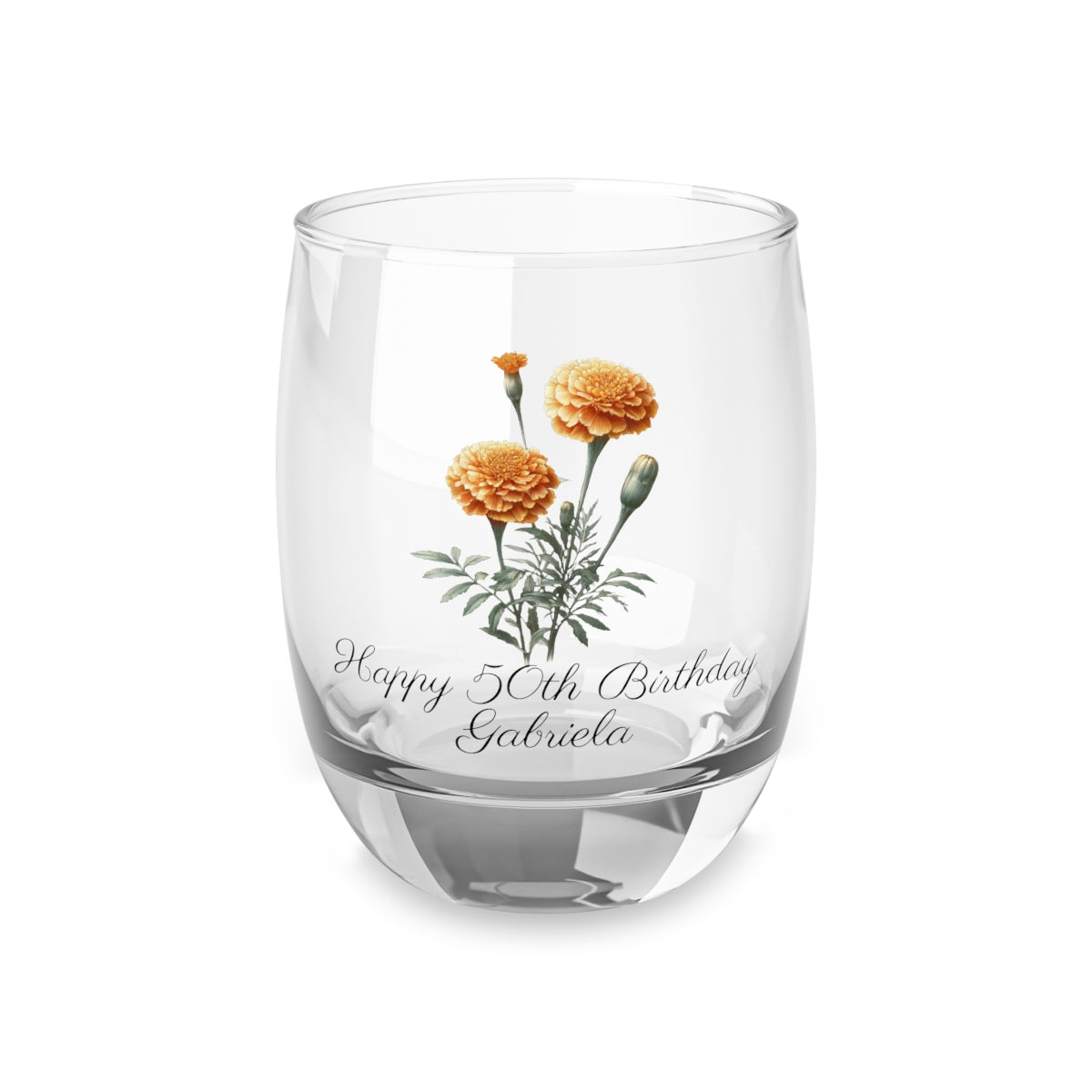 Marigold October Personalised Floral Birthday Month Bouquet Wine Glass, Stemless Wine Glass, Whiskey Glass, Rocks Glass
