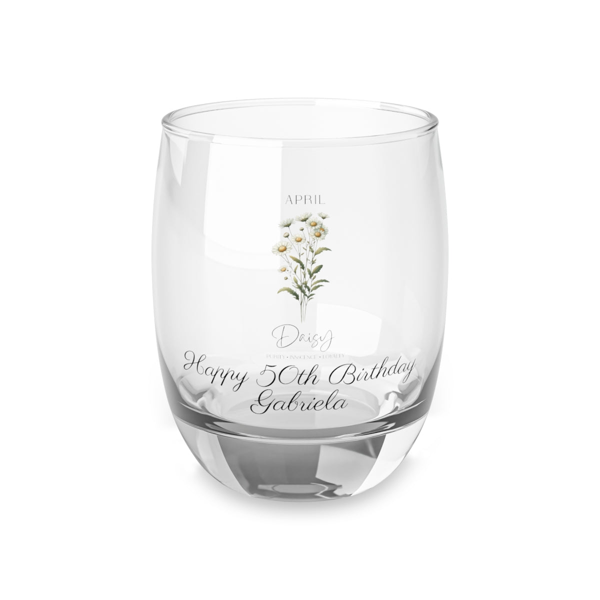 Daisy-April Personalised Floral Birthday Month Bouquet Wine Glass, Stemless Wine Glass, Whiskey Glass, Rocks Glass