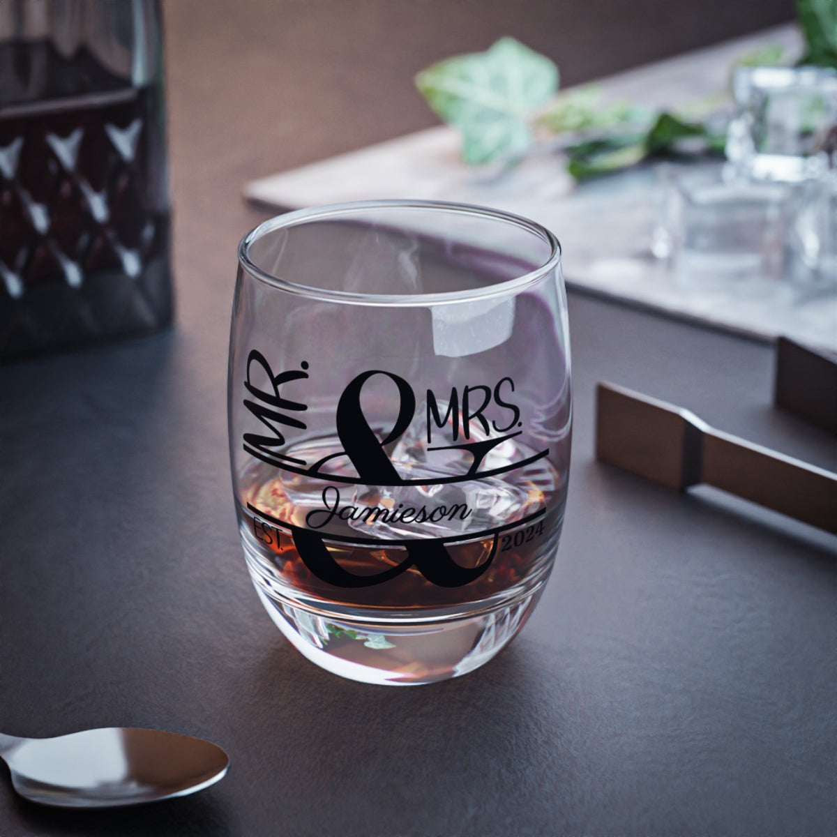 Mr And Mrs-18 Personalised Christmas Mr & Mrs Wine Glass 12oz, Whiskey Glass 6oz, Stemless Wine Glass 11.75oz, Rock Glass 10oz