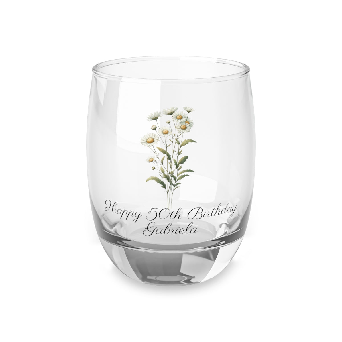 Daisy April Personalised Floral Birthday Month Bouquet Wine Glass, Stemless Wine Glass, Whiskey Glass, Rocks Glass