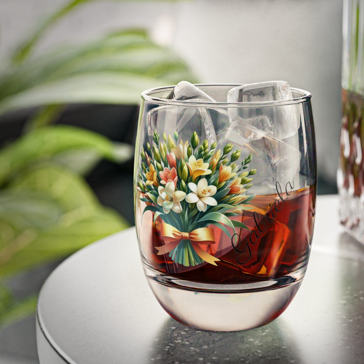 Personalised Floral Bouquet Wine Glass, Stemless Wine Glass, Whiskey Glass, Rocks Glass