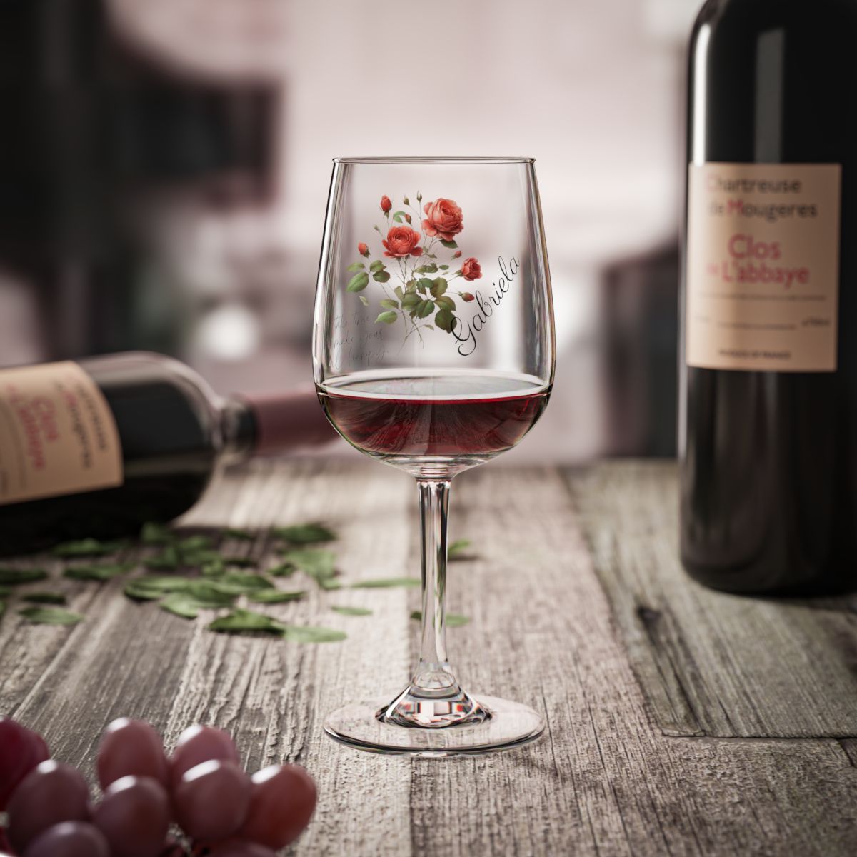 Rose-June Quote Personalised Floral Birthday Month Bouquet Wine Glass, Stemless Wine Glass, Whiskey Glass, Rocks Glass