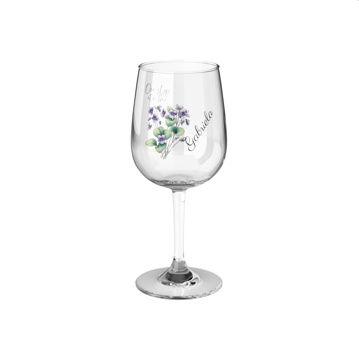 Violet-February Quote Personalised Floral Birthday Month Bouquet Wine Glass, Stemless Wine Glass, Whiskey Glass, Rocks Glass