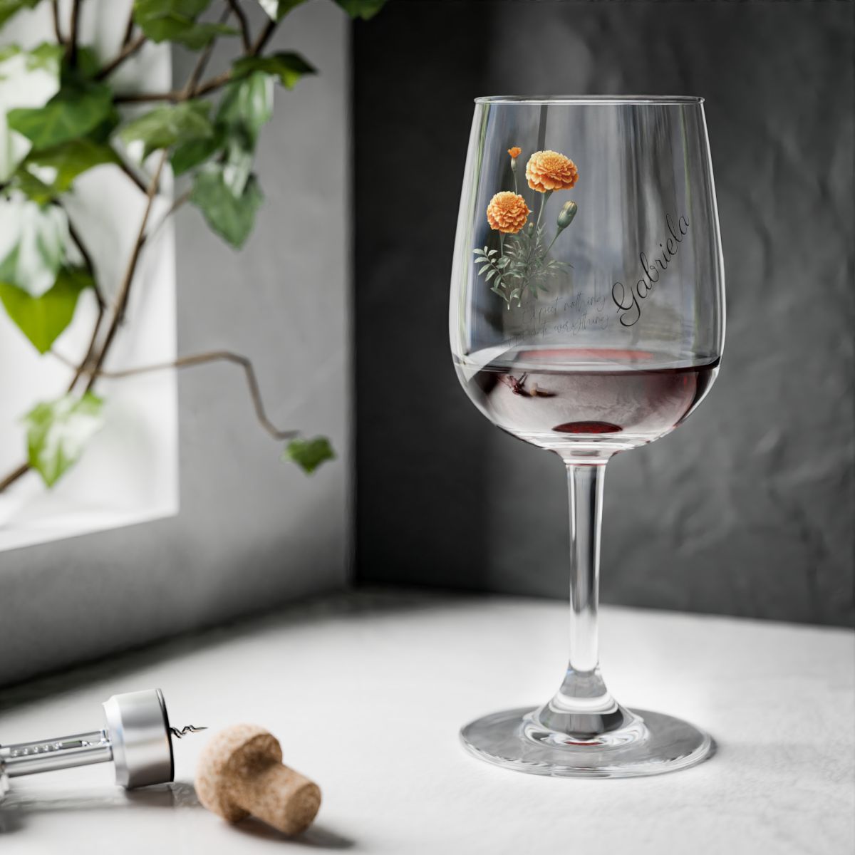 Marigold-October Quote Personalised Floral Birthday Month Bouquet Wine Glass, Stemless Wine Glass, Whiskey Glass, Rocks Glass