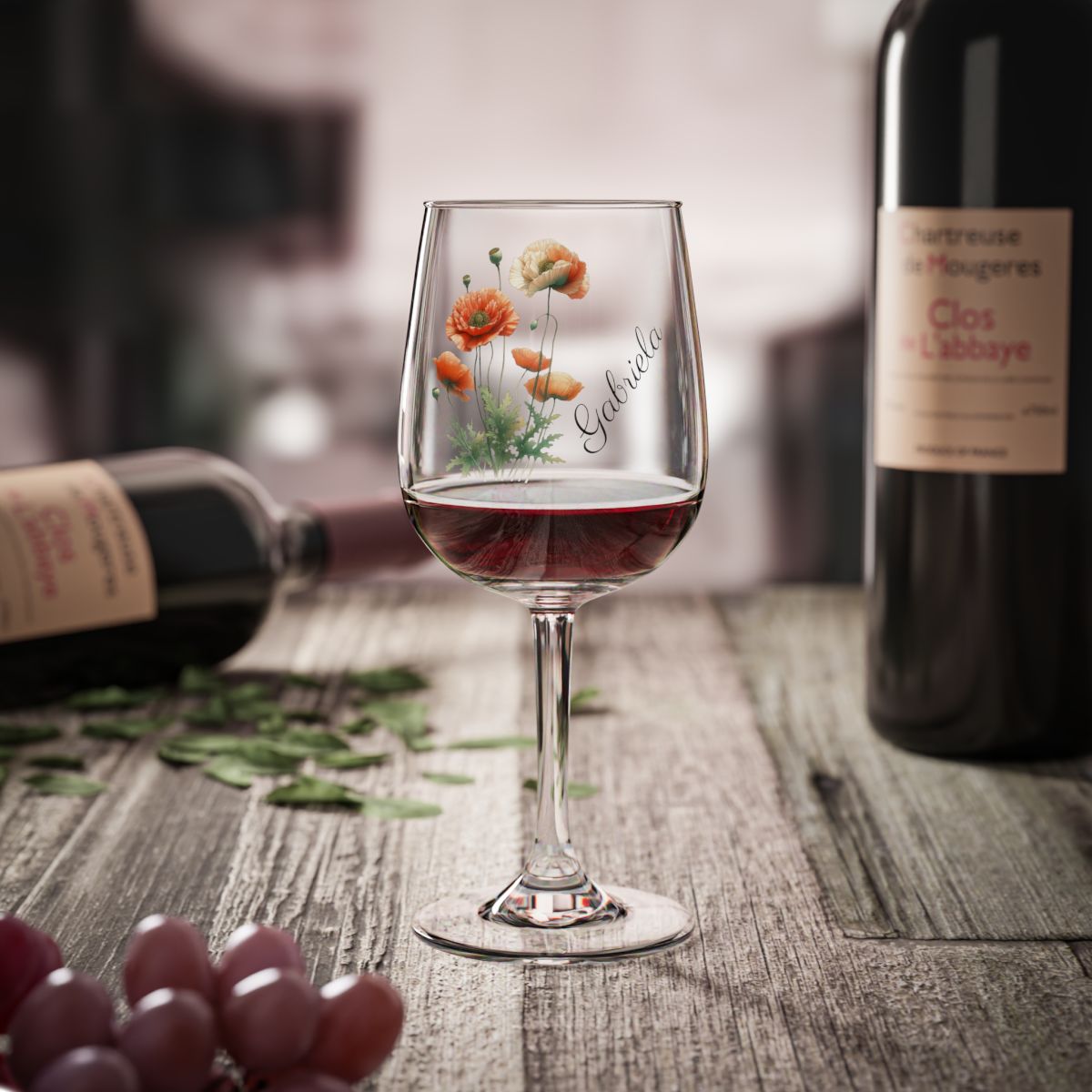 Poppy August Personalised Floral Birthday Month Bouquet Wine Glass, Stemless Wine Glass, Whiskey Glass, Rocks Glass