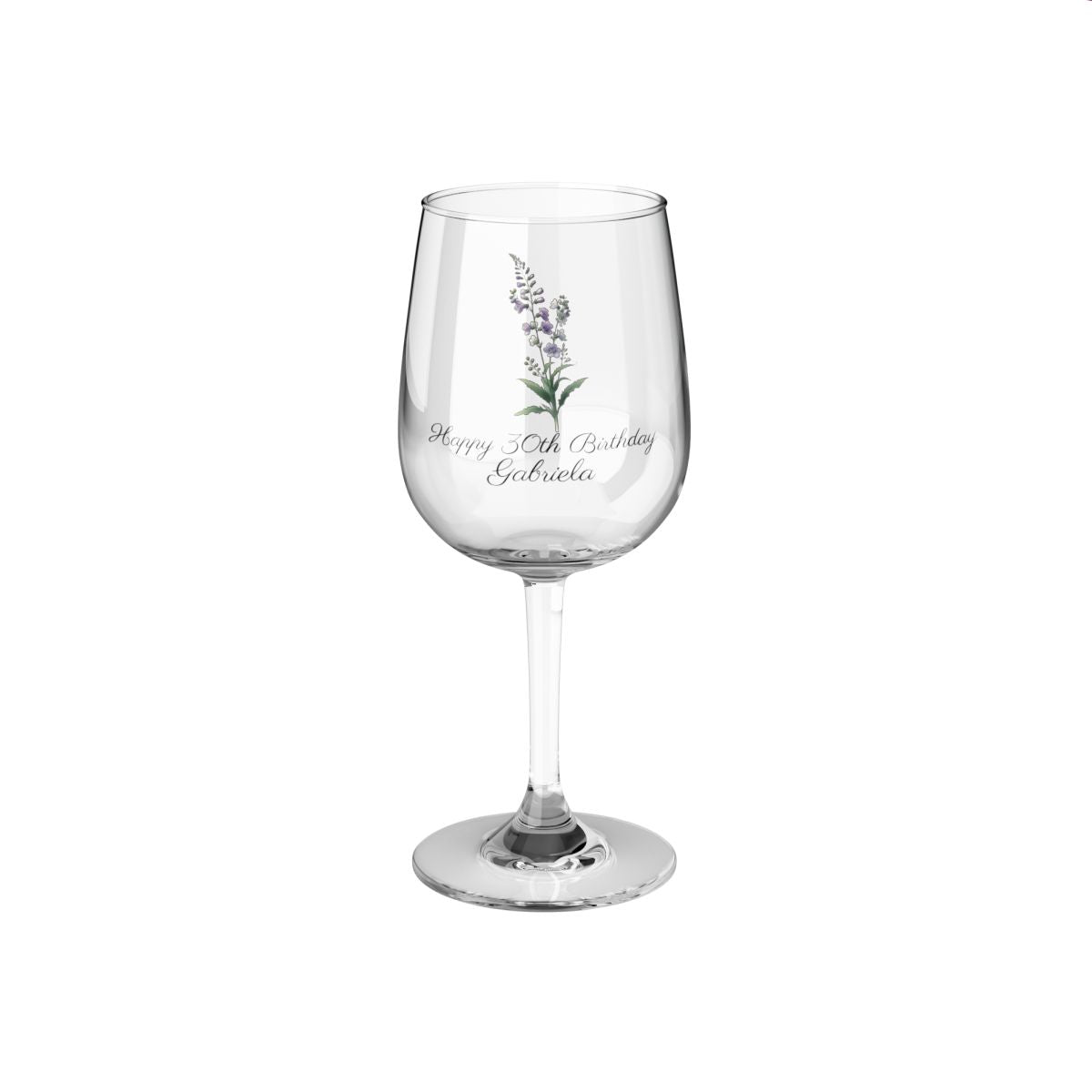 Larkspur July Personalised Floral Birthday Month Bouquet Wine Glass, Stemless Wine Glass, Whiskey Glass, Rocks Glass