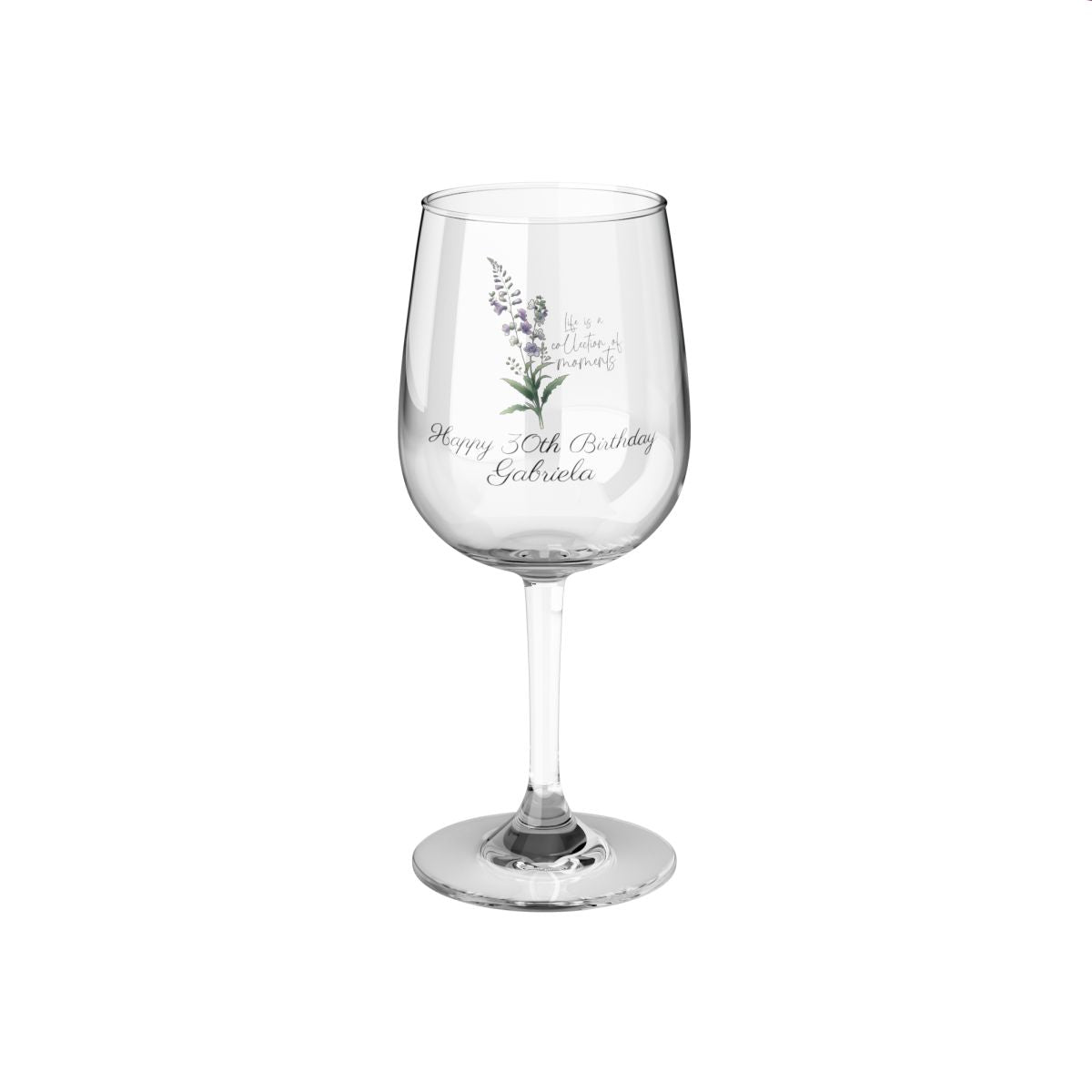 Larkspur-July Quote Personalised Floral Birthday Month Bouquet Wine Glass, Stemless Wine Glass, Whiskey Glass, Rocks Glass