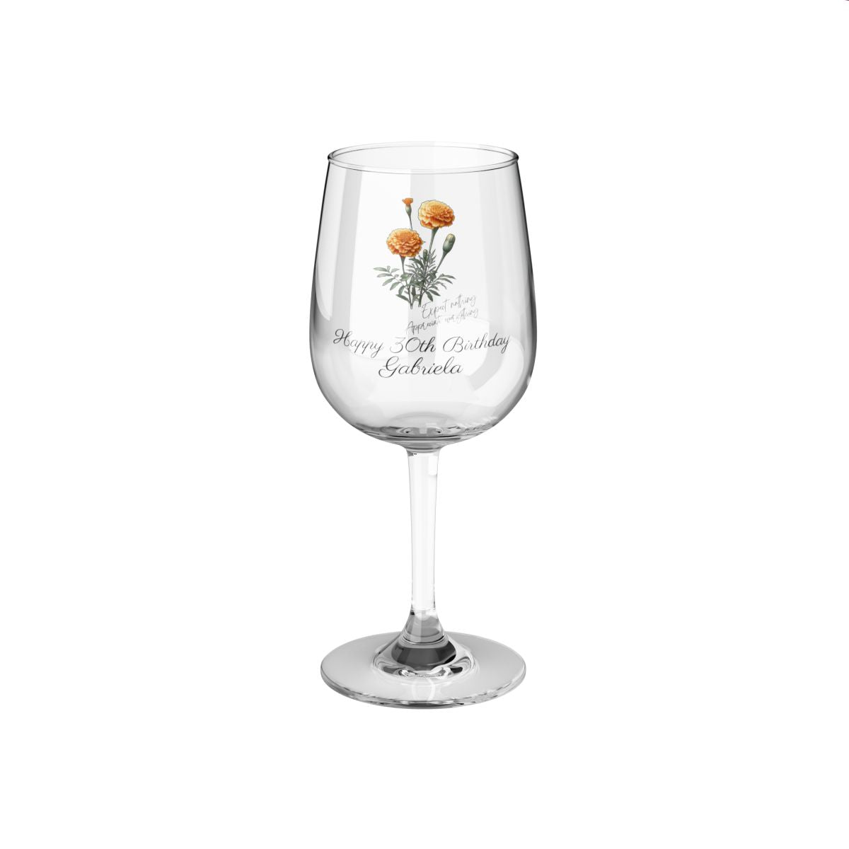 Marigold-October Quote Personalised Floral Birthday Month Bouquet Wine Glass, Stemless Wine Glass, Whiskey Glass, Rocks Glass