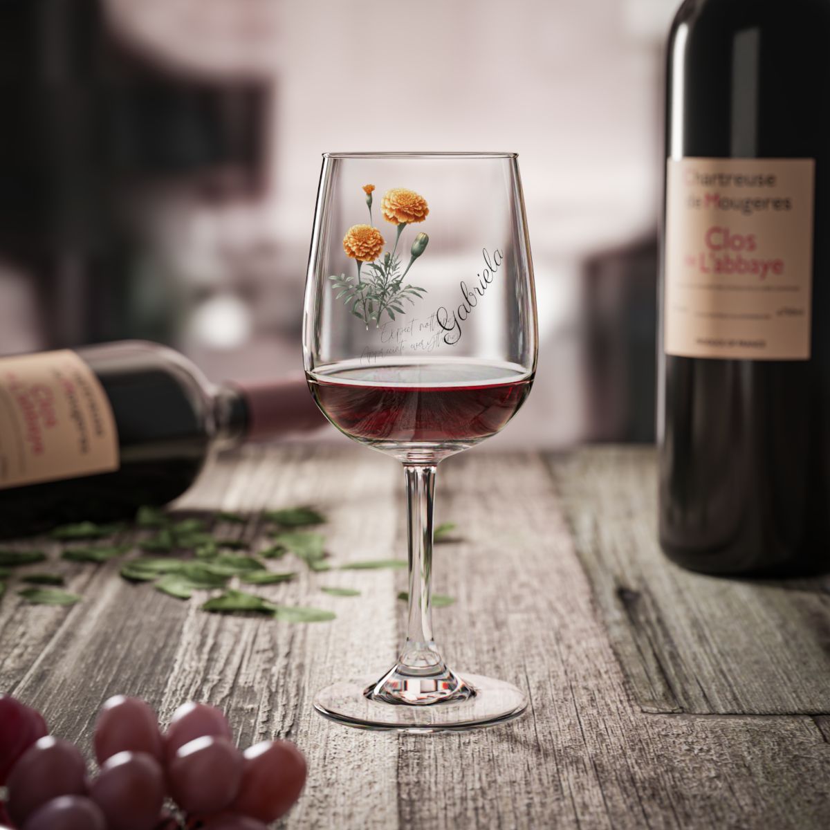 Marigold-October Quote Personalised Floral Birthday Month Bouquet Wine Glass, Stemless Wine Glass, Whiskey Glass, Rocks Glass