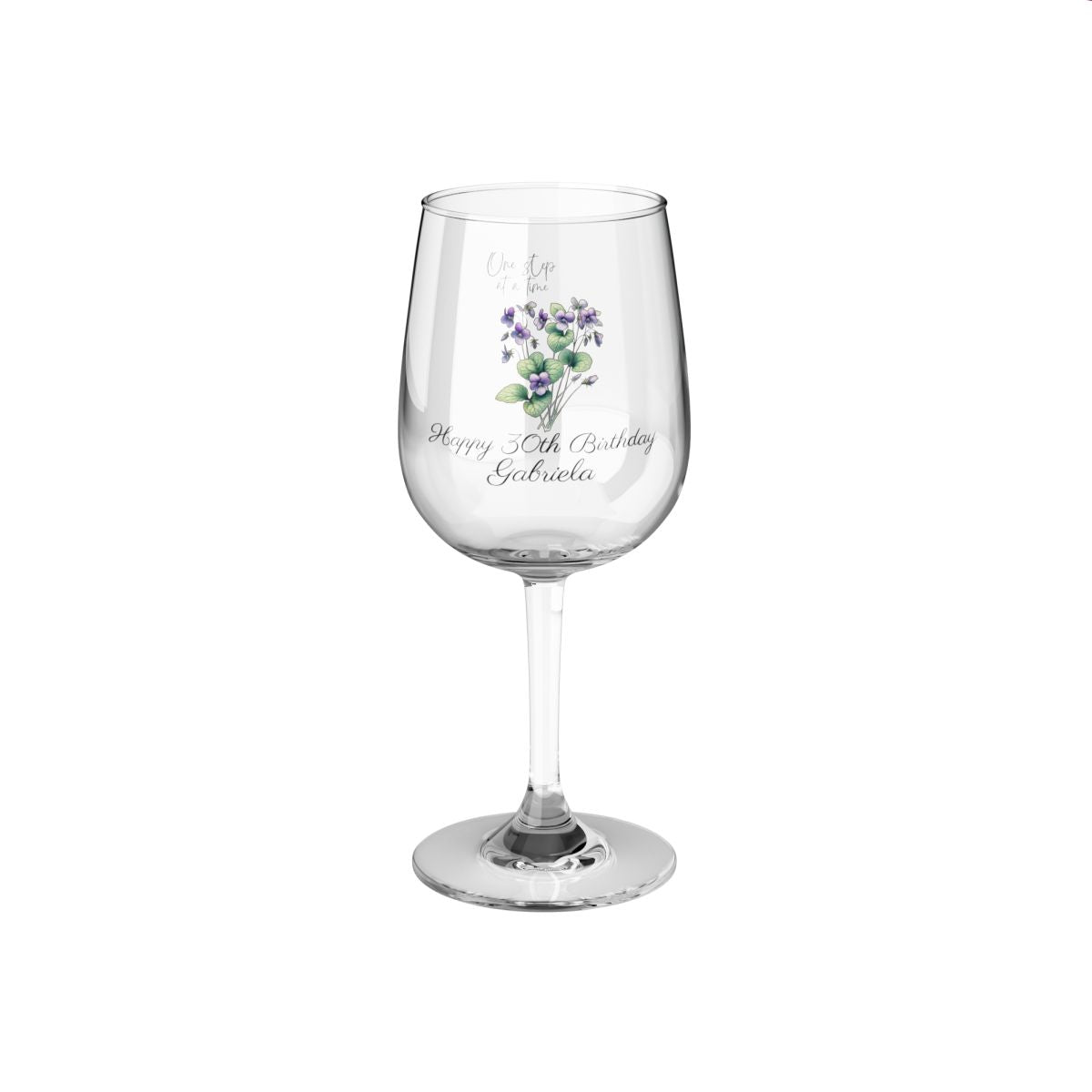 Violet-February Quote Personalised Floral Birthday Month Bouquet Wine Glass, Stemless Wine Glass, Whiskey Glass, Rocks Glass