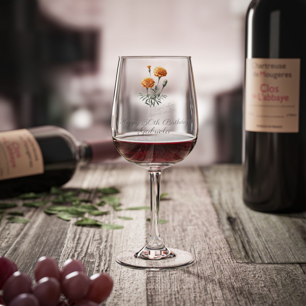 Marigold-October Quote Personalised Floral Birthday Month Bouquet Wine Glass, Stemless Wine Glass, Whiskey Glass, Rocks Glass