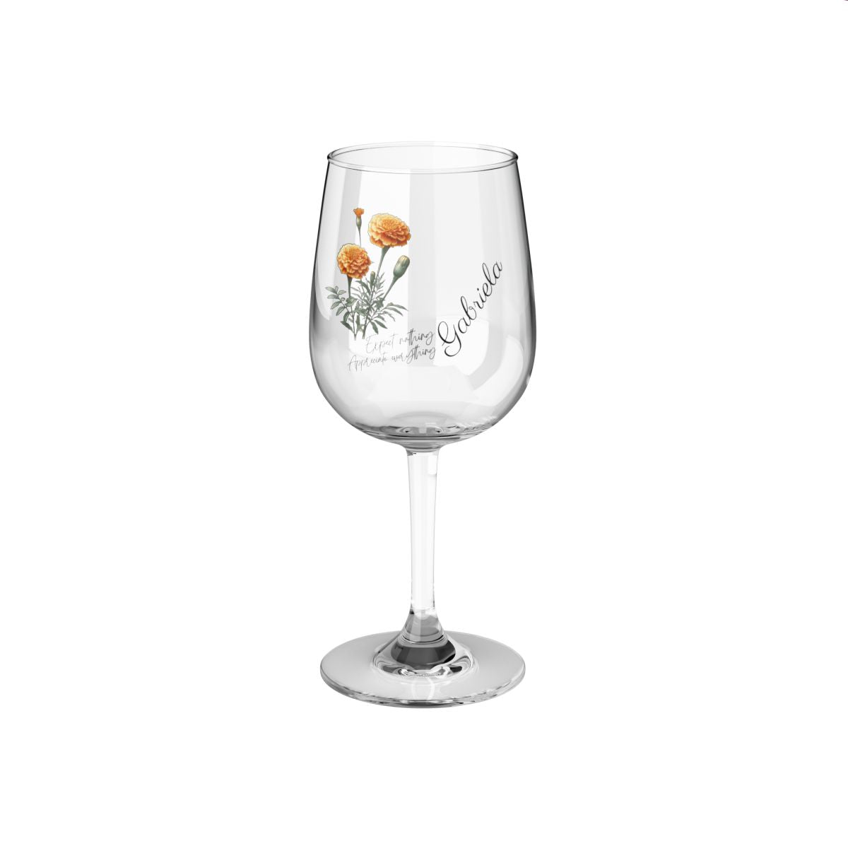 Marigold-October Quote Personalised Floral Birthday Month Bouquet Wine Glass, Stemless Wine Glass, Whiskey Glass, Rocks Glass